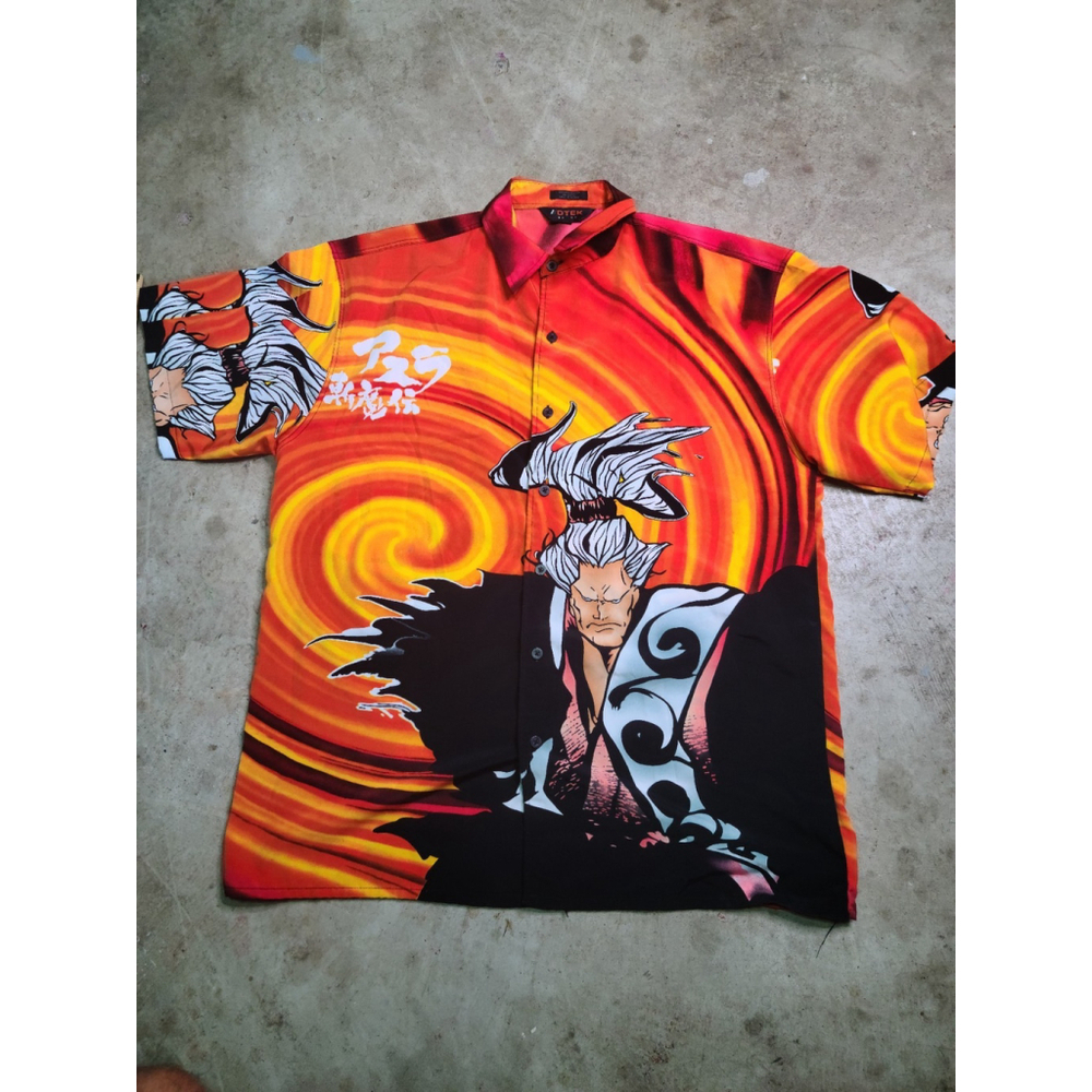 Y2K Anime Japanese Warrior Ninja Samuri Orange Canopy Button Up Shirt xl